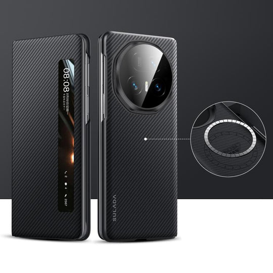 For Honor Magic V5 SULADA Kevlar 600D Texture Smart Window Leather Phone Case(Black)