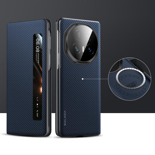 For Honor Magic V5 SULADA Kevlar 600D Texture Smart Window Leather Phone Case(Blue)