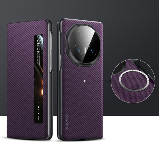 For Honor Magic V5 SULADA Kevlar 600D Texture Smart Window Leather Phone Case(Purple)