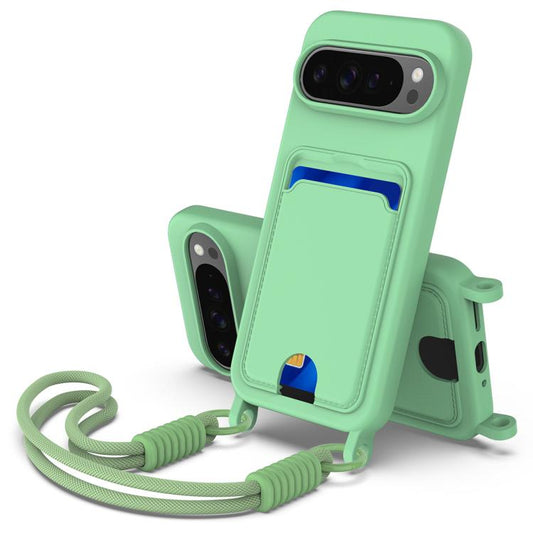 For Google Pixel 10 Pro XL Integrated Card Bag Solid Color Liquid Silicone Phone Case Gen2 with Short Lanyard(Green) - Google Cases by buy2fix | Online Shopping UK | buy2fix