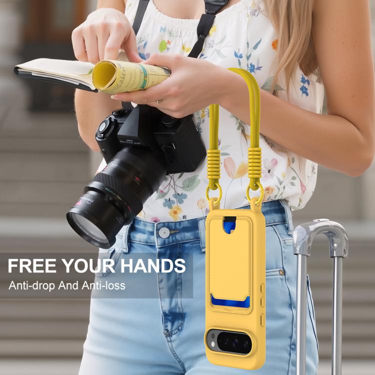 For Google Pixel 10 Pro XL Integrated Card Bag Solid Color Liquid Silicone Phone Case Gen2 with Short Lanyard(Yellow) - Google Cases by buy2fix | Online Shopping UK | buy2fix