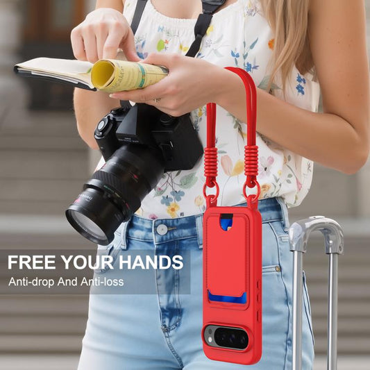 For Google Pixel 10 Pro Integrated Card Bag Solid Color Liquid Silicone Phone Case Gen2 with Short Lanyard(Red) - Google Cases by buy2fix | Online Shopping UK | buy2fix