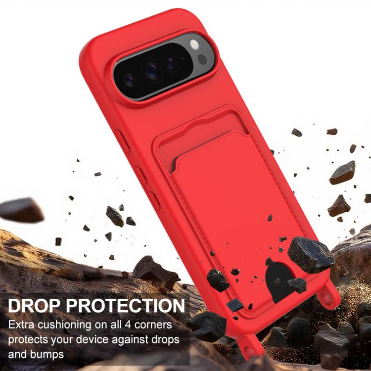 For Google Pixel 10 Pro Integrated Card Bag Solid Color Liquid Silicone Phone Case Gen2 with Short Lanyard(Red) - Google Cases by buy2fix | Online Shopping UK | buy2fix