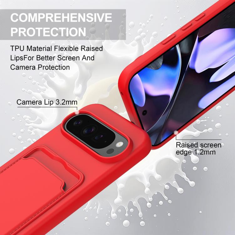 For Google Pixel 10 Pro Integrated Card Bag Solid Color Liquid Silicone Phone Case Gen2 with Short Lanyard(Red) - Google Cases by buy2fix | Online Shopping UK | buy2fix