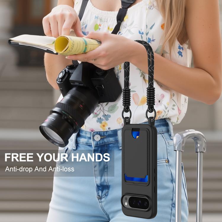 For Google Pixel 10 Pro Integrated Card Bag Solid Color Liquid Silicone Phone Case Gen2 with Short Lanyard(Black) - Google Cases by buy2fix | Online Shopping UK | buy2fix