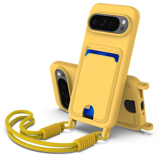 For Google Pixel 10 Pro Integrated Card Bag Solid Color Liquid Silicone Phone Case Gen2 with Short Lanyard(Yellow) - Google Cases by buy2fix | Online Shopping UK | buy2fix