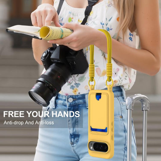 For Google Pixel 10 Pro Integrated Card Bag Solid Color Liquid Silicone Phone Case Gen2 with Short Lanyard(Yellow) - Google Cases by buy2fix | Online Shopping UK | buy2fix