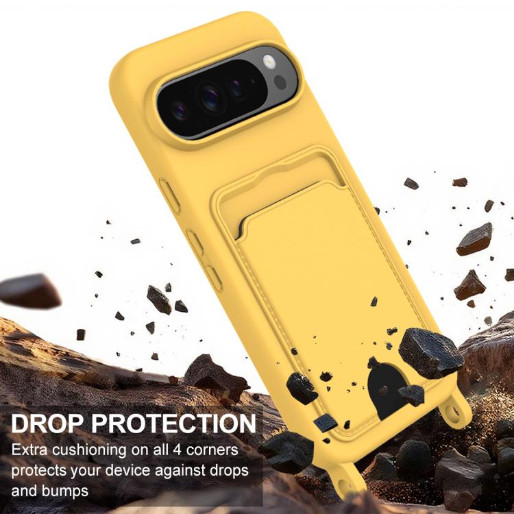 For Google Pixel 10 Pro Integrated Card Bag Solid Color Liquid Silicone Phone Case Gen2 with Short Lanyard(Yellow) - Google Cases by buy2fix | Online Shopping UK | buy2fix