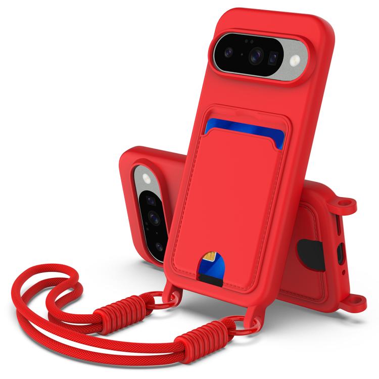 For Google Pixel 10 Integrated Card Bag Solid Color Liquid Silicone Phone Case Gen2 with Short Lanyard(Red) - Google Cases by buy2fix | Online Shopping UK | buy2fix
