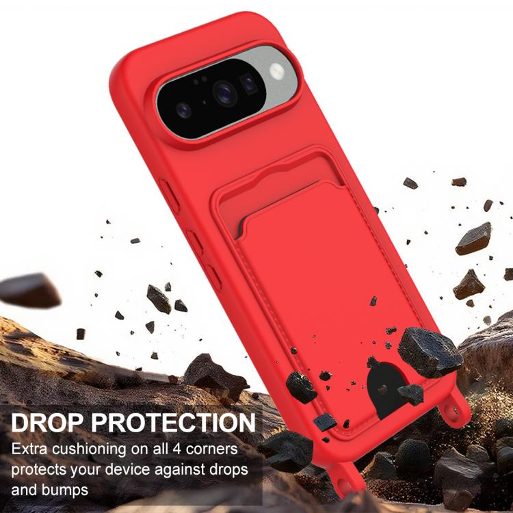 For Google Pixel 10 Integrated Card Bag Solid Color Liquid Silicone Phone Case Gen2 with Short Lanyard(Red) - Google Cases by buy2fix | Online Shopping UK | buy2fix