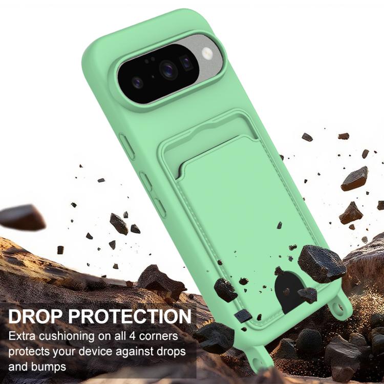 For Google Pixel 10 Integrated Card Bag Solid Color Liquid Silicone Phone Case Gen2 with Short Lanyard(Green) - Google Cases by buy2fix | Online Shopping UK | buy2fix