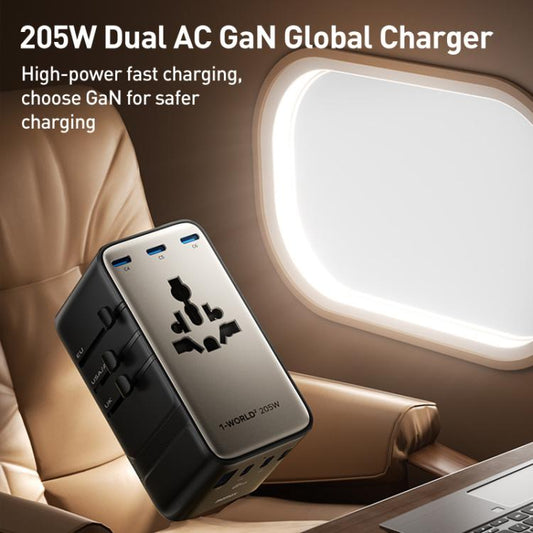 MOMAX UA28L 1-World 2 205W Dual AC 7-Port Universal Travel GaN Charger with 140W Cable(Titanium Gold) - Plug Adaptor by MOMAX | Online Shopping UK | buy2fix