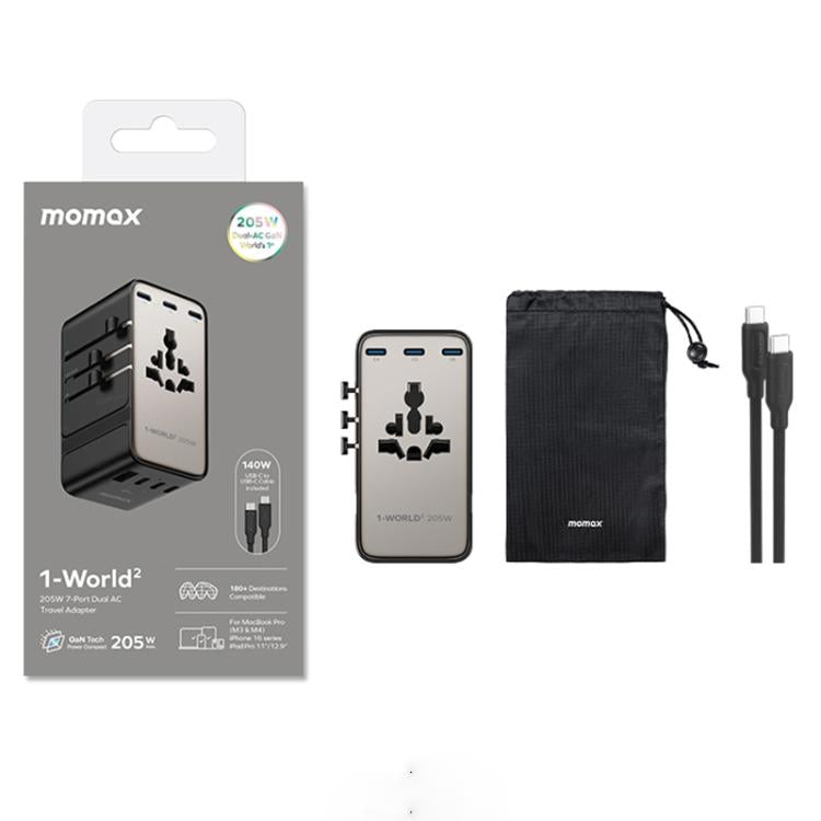 MOMAX UA28L 1-World 2 205W Dual AC 7-Port Universal Travel GaN Charger with 140W Cable(Titanium Gold) - Plug Adaptor by MOMAX | Online Shopping UK | buy2fix