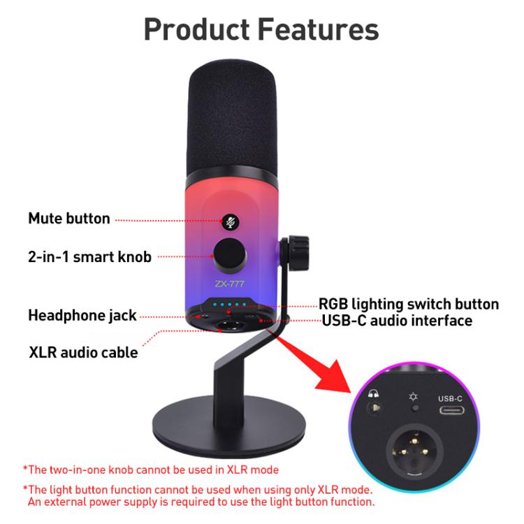 XTUGA ZX-777 XLR / USB-C Dynamic Microphone RGB Light Noise Reduction for Live, Model:Long Arm Bracket(Black) - Microphone by XTUGA | Online Shopping UK | buy2fix