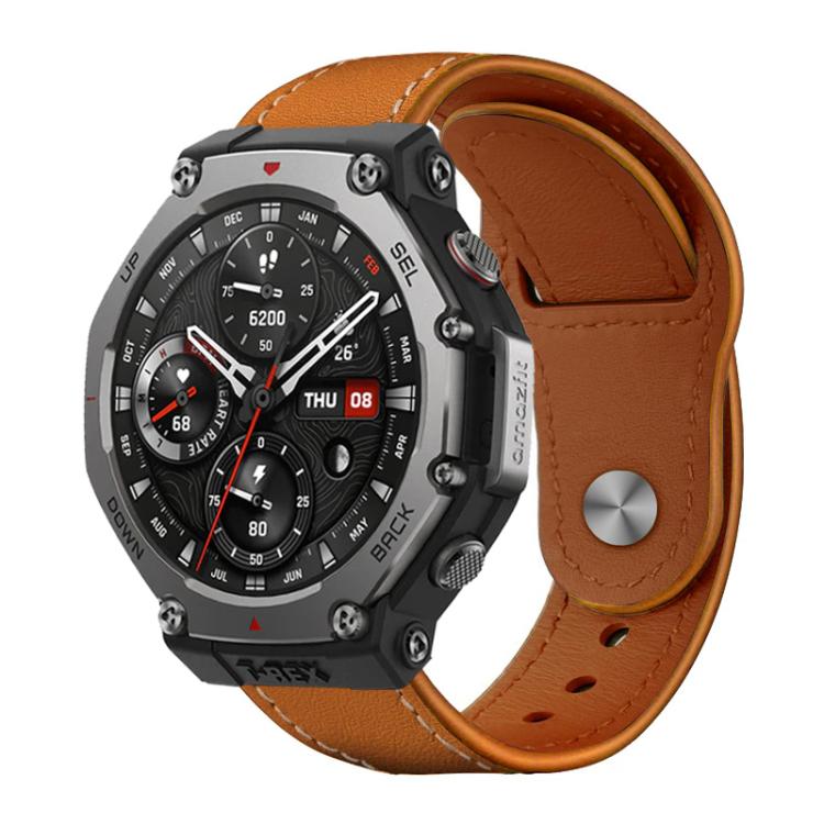 For Amazfit T-Rex 3 xDfind Rivet Buckle Genuine Leather Watch Band(Brown White Thread) - Watch Bands by xDfind | Online Shopping UK | buy2fix
