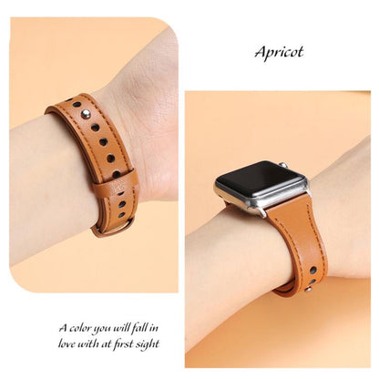 For Apple Watch 42 / 44 / 45 / 46 / 49mm xDfind Double Ring Single Rivet Genuine Leather Watch Band(Light Brown) - Watch Bands by xDfind | Online Shopping UK | buy2fix