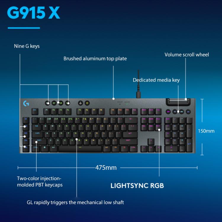Logitech G915 X Wired Low Profile Gaming Keyboard(Black Tactile) - Wireless Keyboard by Logitech | Online Shopping UK | buy2fix