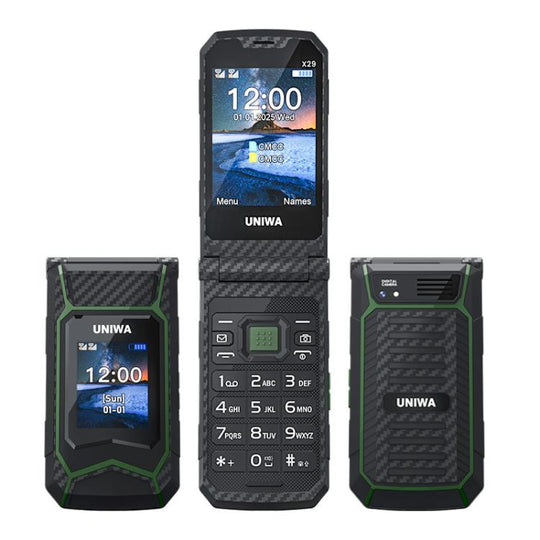 UNIWA X29 Keypad Flip Rugged Phone, 2.8 inch + 1.77 inch Double Screen, MT6261D, Network: 2G, Plug:EU Plug(Black Green)