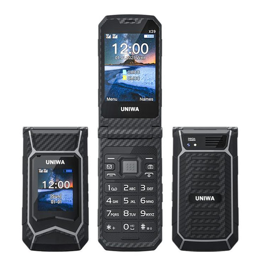 UNIWA X29 Keypad Flip Rugged Phone, 2.8 inch + 1.77 inch Double Screen, MT6261D, Network: 2G, Plug:AU Plug(Black Grey)