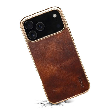 For iPhone 17 Pro Max Denior Oil Wax Leather Electroplating Phone Case(Brown) - iPhone 17 Pro Max Cases by Denior | Online Shopping UK | buy2fix