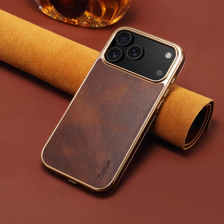 For iPhone 17 Pro Max Denior Oil Wax Leather Electroplating Phone Case(Brown) - iPhone 17 Pro Max Cases by Denior | Online Shopping UK | buy2fix