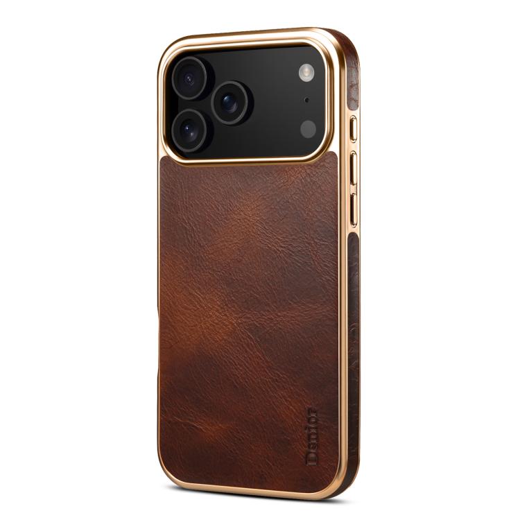 For iPhone 17 Pro Denior Oil Wax Leather Electroplating Phone Case(Brown) - iPhone 17 Pro Cases by Denior | Online Shopping UK | buy2fix