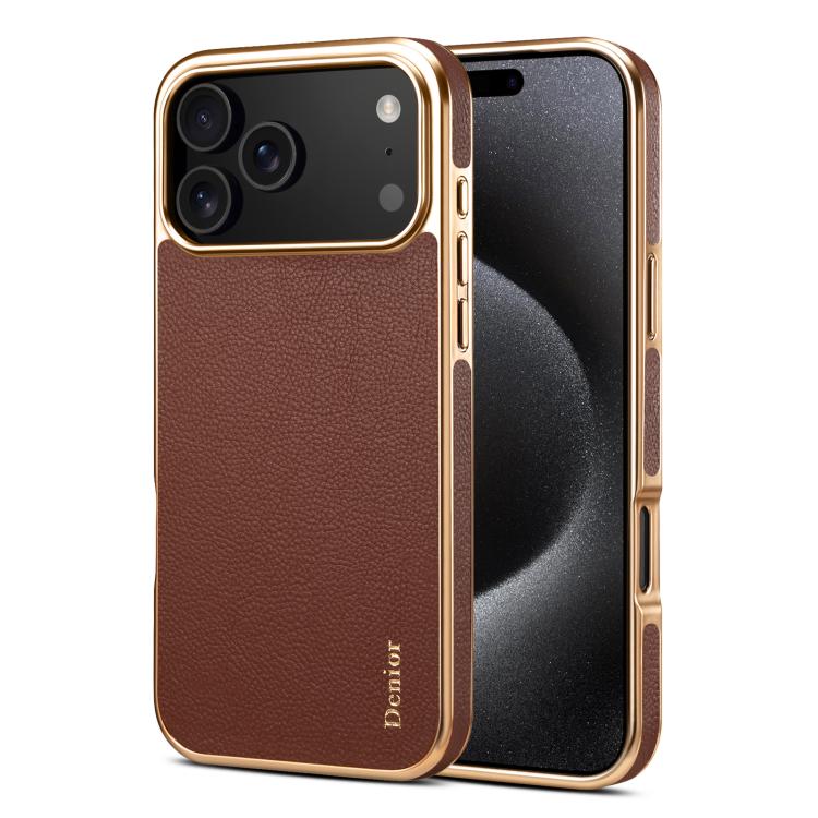 For iPhone 17 Pro Denior Cowhide Leather Plating Phone Case(Brown) - iPhone 17 Pro Cases by Denior | Online Shopping UK | buy2fix