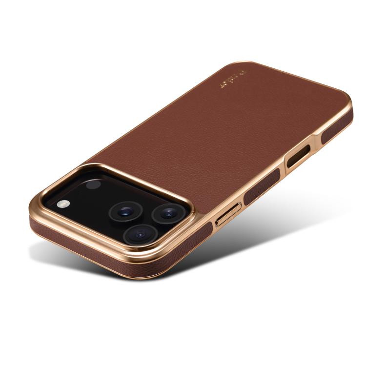 For iPhone 17 Pro Denior Cowhide Leather Plating Phone Case(Brown) - iPhone 17 Pro Cases by Denior | Online Shopping UK | buy2fix