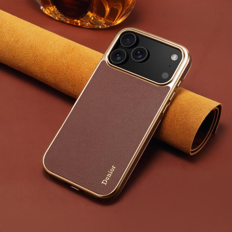 For iPhone 17 Pro Denior Cowhide Leather Plating Phone Case(Brown) - iPhone 17 Pro Cases by Denior | Online Shopping UK | buy2fix