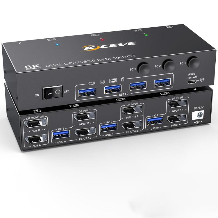 KCEVE KC-KVM302DP USB 3.0 Dual Monitor 8K 30Hz KVM Switch, Plug Type:US Plug - Switch by buy2fix | Online Shopping UK | buy2fix