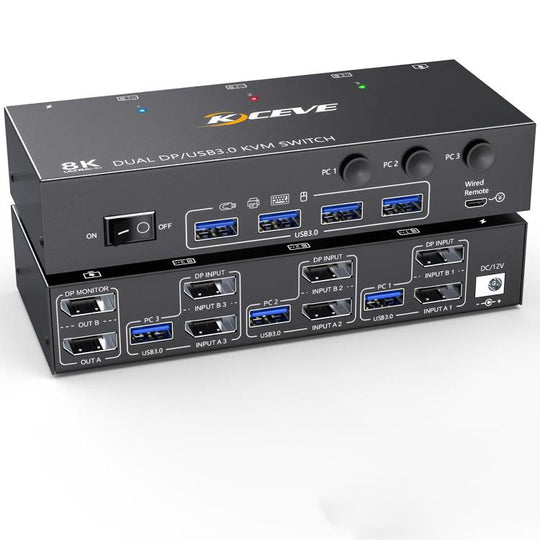 KCEVE KC-KVM302DP USB 3.0 Dual Monitor 8K 30Hz KVM Switch, Plug Type:US Plug