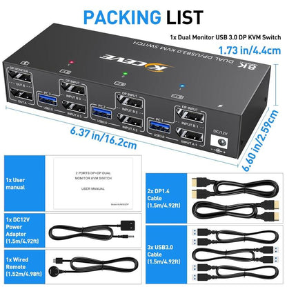 KCEVE KC-KVM302DP USB 3.0 Dual Monitor 8K 30Hz KVM Switch, Plug Type:EU Plug - Switch by buy2fix | Online Shopping UK | buy2fix