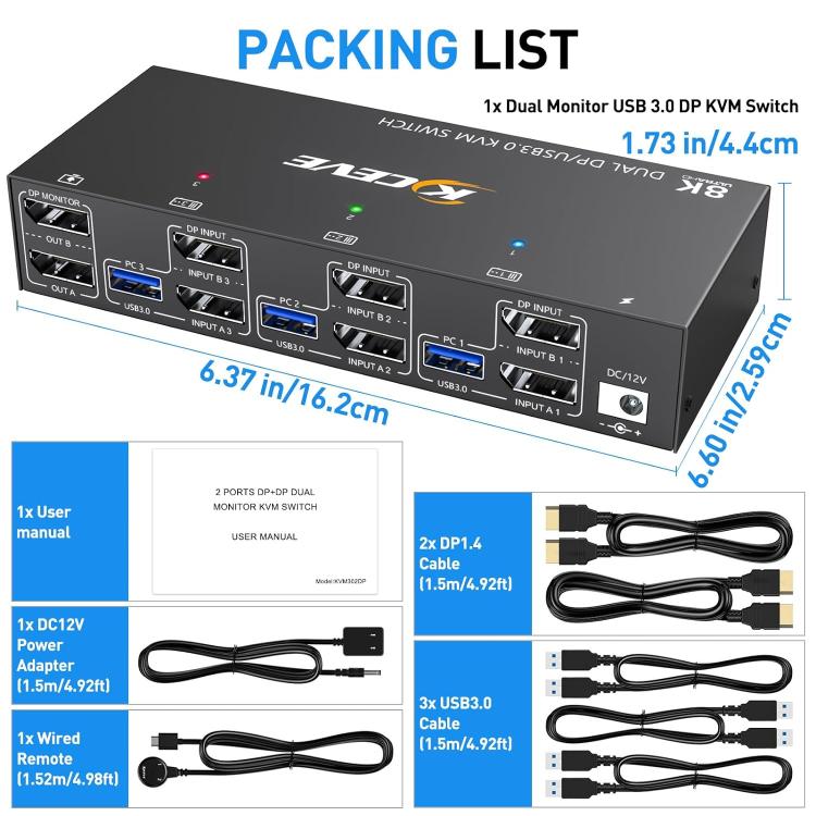 KCEVE KC-KVM302DP USB 3.0 Dual Monitor 8K 30Hz KVM Switch, Plug Type:UK Plug - Switch by buy2fix | Online Shopping UK | buy2fix