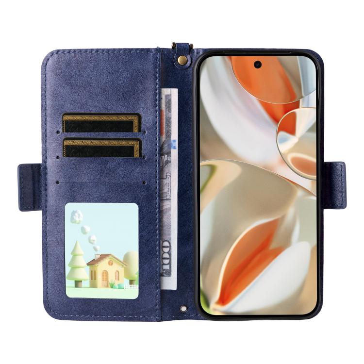 For Google Pixel 10 Pro XL / 9 Pro XL Multi-card Slots Crossbody Cowhide Leather Phone Case(Blue) - Google Cases by buy2fix | Online Shopping UK | buy2fix