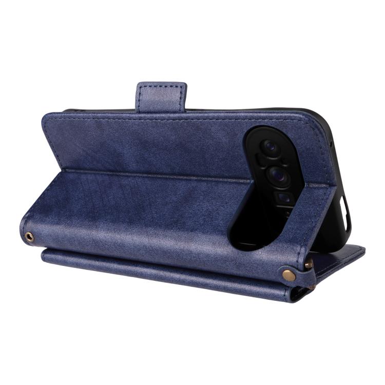 For Google Pixel 10 Pro XL / 9 Pro XL Multi-card Slots Crossbody Cowhide Leather Phone Case(Blue) - Google Cases by buy2fix | Online Shopping UK | buy2fix