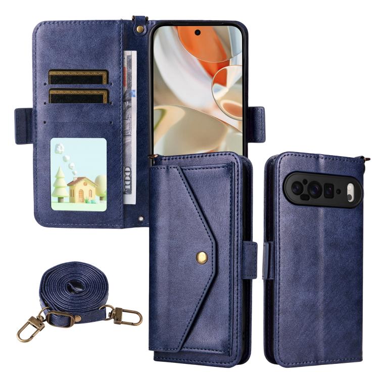 For Google Pixel 10 Pro / 10 / 9 Pro / 9 Multi-card Slots Crossbody Cowhide Leather Phone Case(Blue) - Google Cases by buy2fix | Online Shopping UK | buy2fix