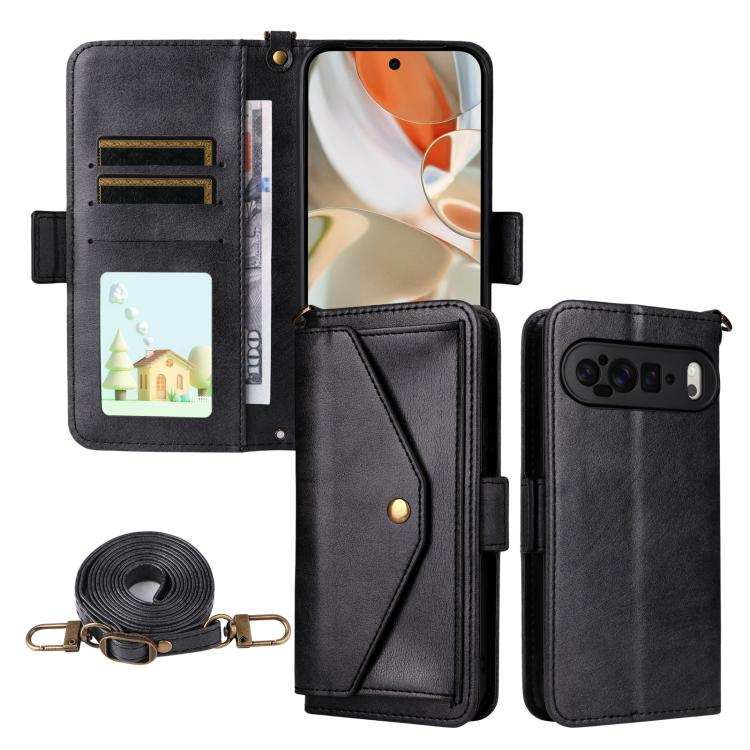 For Google Pixel 10 Pro / 10 / 9 Pro / 9 Multi-card Slots Crossbody Cowhide Leather Phone Case(Black) - Google Cases by buy2fix | Online Shopping UK | buy2fix