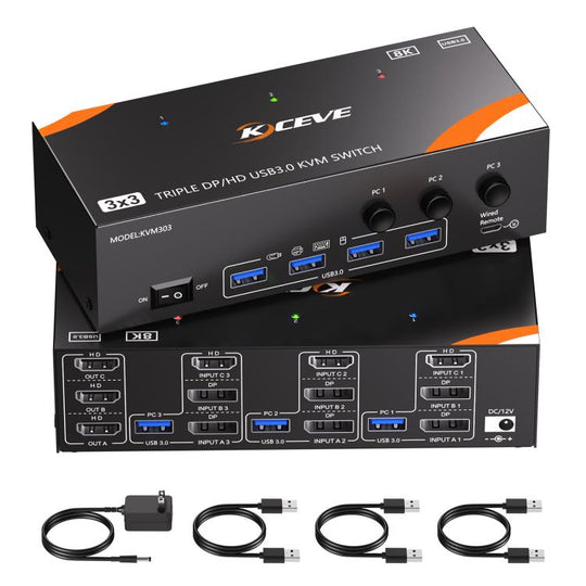 KCEVE KC-KVM303 USB 3.0 Dual Monitor 8K 60Hz KVM Switch, Plug Type:UK Plug