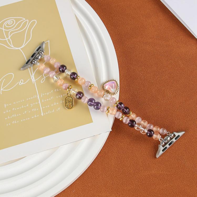 For Apple Watch 46mm / 49mm / 45mm / 44mm Cat Eyes Stone Beads Bracelet Watch Band(Heart Yellow) - Watch Bands by buy2fix | Online Shopping UK | buy2fix