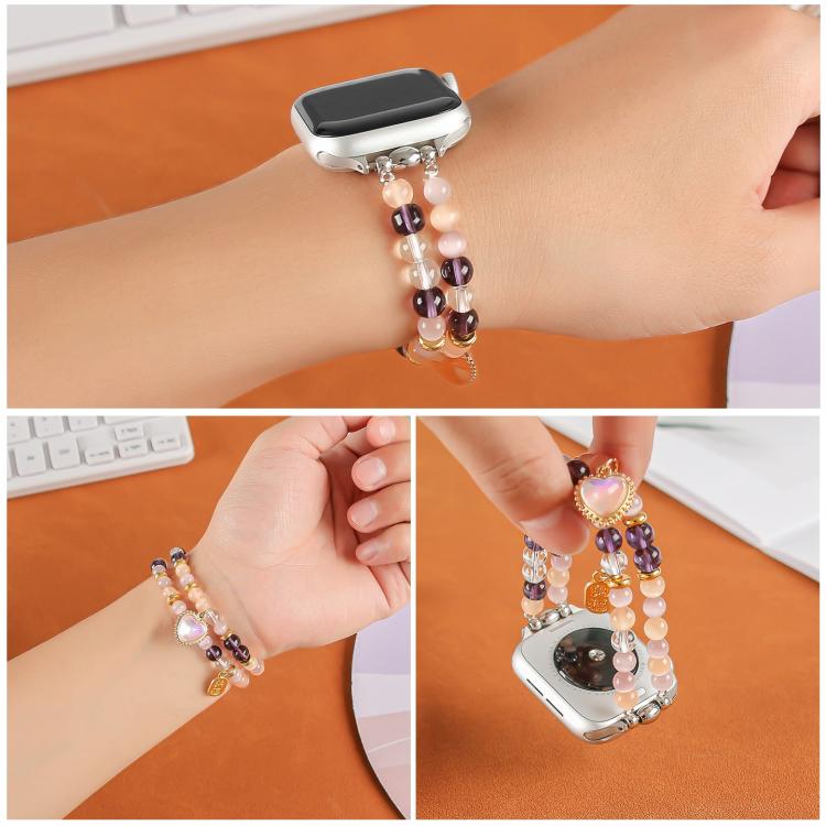 For Apple Watch 46mm / 49mm / 45mm / 44mm Cat Eyes Stone Beads Bracelet Watch Band(Heart Yellow) - Watch Bands by buy2fix | Online Shopping UK | buy2fix