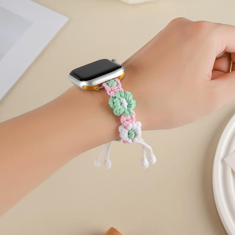 For Apple Watch 46mm / 49mm / 45mm / 44mm Hemp Rope Woven Flowers Drawstring Watch Band(Green White) - Watch Bands by buy2fix | Online Shopping UK | buy2fix