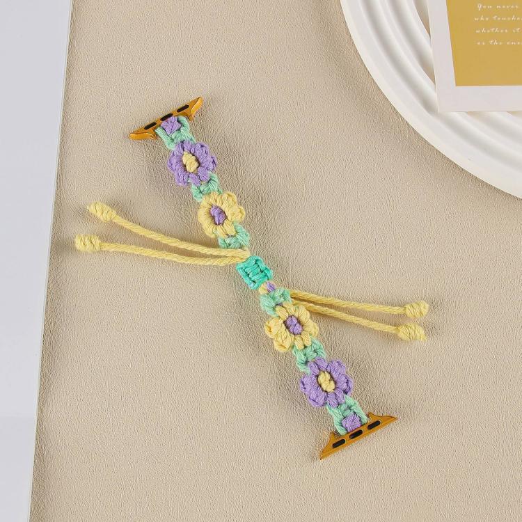 For Apple Watch 46mm / 49mm / 45mm / 44mm Hemp Rope Woven Flowers Drawstring Watch Band(Purple Yellow) - Watch Bands by buy2fix | Online Shopping UK | buy2fix