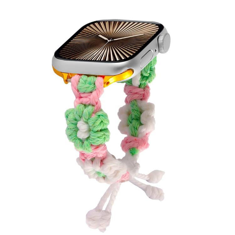 For Apple Watch 42mm / 41mm / 40mm / 38mm Hemp Rope Woven Flowers Drawstring Watch Band(Green White) - Watch Bands by buy2fix | Online Shopping UK | buy2fix