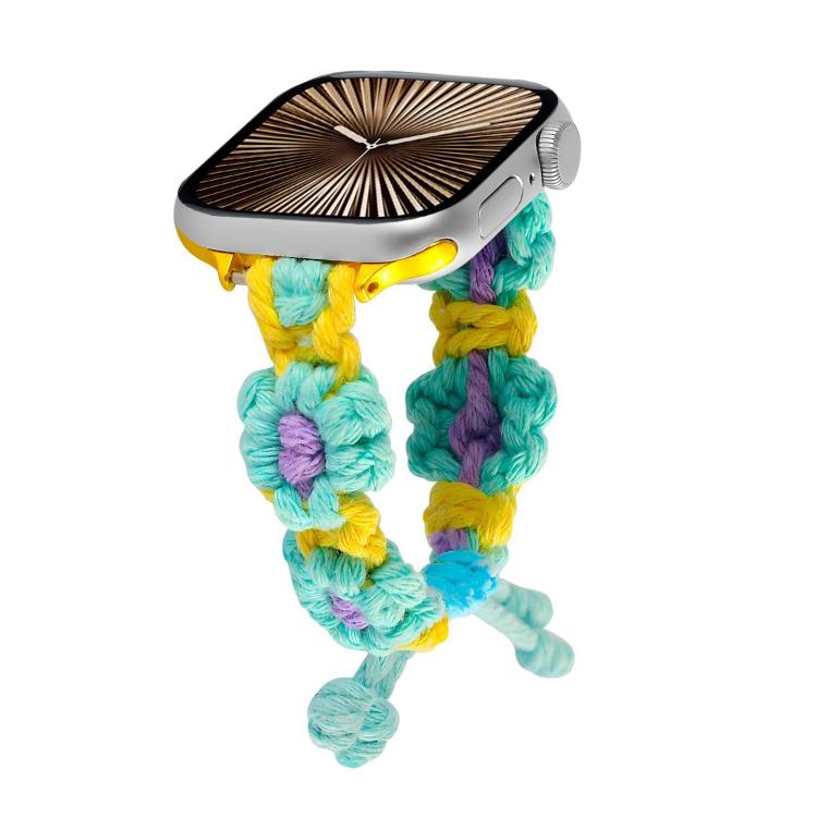 For Apple Watch 42mm / 41mm / 40mm / 38mm Hemp Rope Woven Flowers Drawstring Watch Band(Teal Green) - Watch Bands by buy2fix | Online Shopping UK | buy2fix