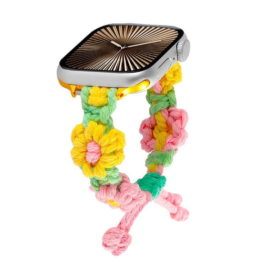 For Apple Watch 42mm / 41mm / 40mm / 38mm Hemp Rope Woven Flowers Drawstring Watch Band(Yellow Pink) - Watch Bands by buy2fix | Online Shopping UK | buy2fix