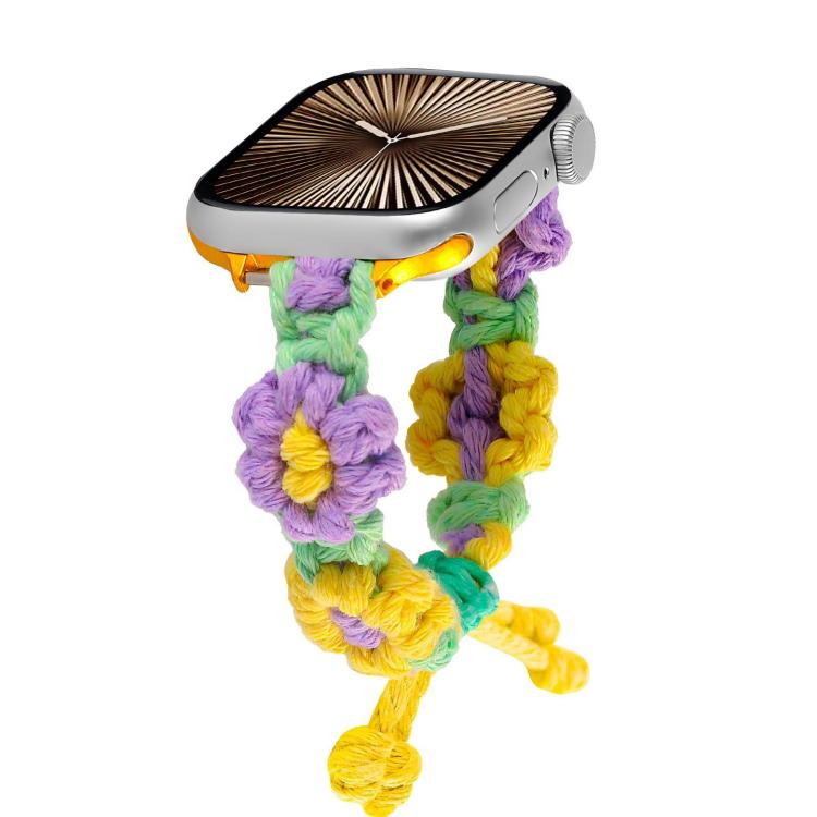 For Apple Watch 42mm / 41mm / 40mm / 38mm Hemp Rope Woven Flowers Drawstring Watch Band(Purple Yellow) - Watch Bands by buy2fix | Online Shopping UK | buy2fix