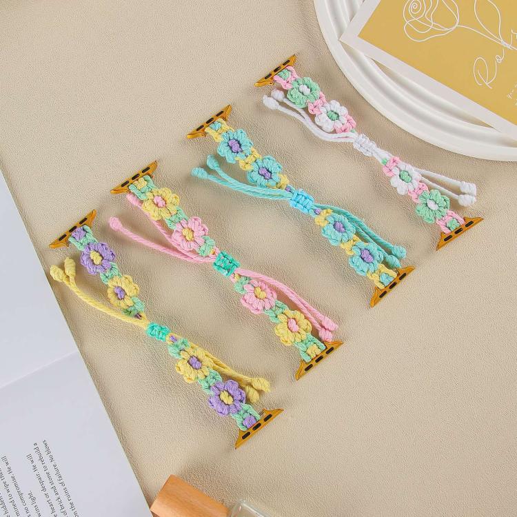 For Apple Watch 42mm / 41mm / 40mm / 38mm Hemp Rope Woven Flowers Drawstring Watch Band(Yellow Pink) - Watch Bands by buy2fix | Online Shopping UK | buy2fix