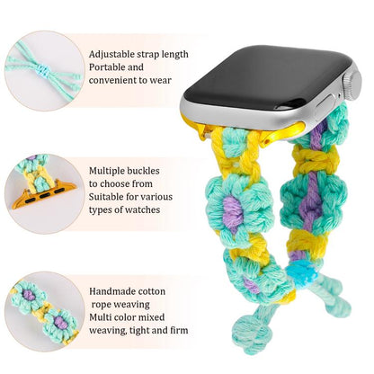 For Apple Watch 42mm / 41mm / 40mm / 38mm Hemp Rope Woven Flowers Drawstring Watch Band(Purple Yellow) - Watch Bands by buy2fix | Online Shopping UK | buy2fix