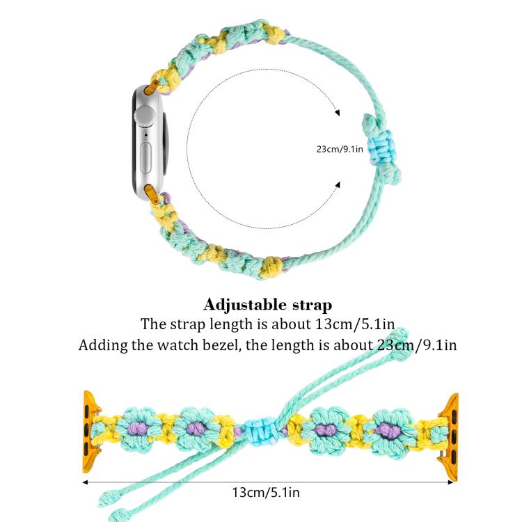 For Apple Watch 42mm / 41mm / 40mm / 38mm Hemp Rope Woven Flowers Drawstring Watch Band(Teal Green) - Watch Bands by buy2fix | Online Shopping UK | buy2fix