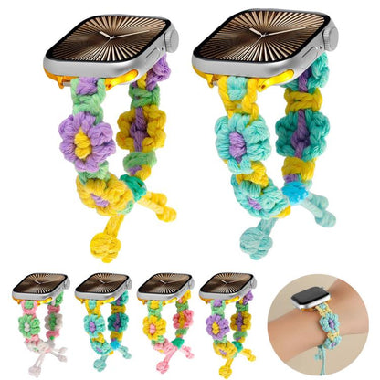 For Apple Watch 46mm / 49mm / 45mm / 44mm Hemp Rope Woven Flowers Drawstring Watch Band(Yellow Pink) - Watch Bands by buy2fix | Online Shopping UK | buy2fix